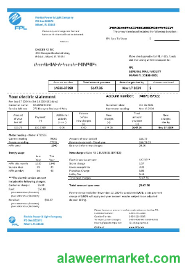 USA Florida Power & Light Company (FPL) electricity business utility bill template in Word and PDF formats